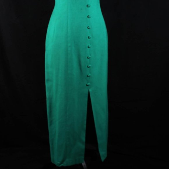 Vintage 1990s Ann Tobias Spring Green Linen Sheath Dress Detail Embroidery - Picture 3 of 12
